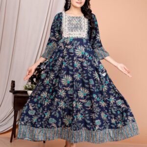 Rochie Boho „Azure Blossom” – Albastru Regal, Broderie și Imprimeu Floral